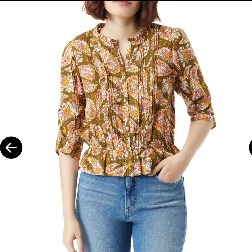 Sam Edelman Scarlette Women's Button Front Fir Green Paisley Peplum Blouse L